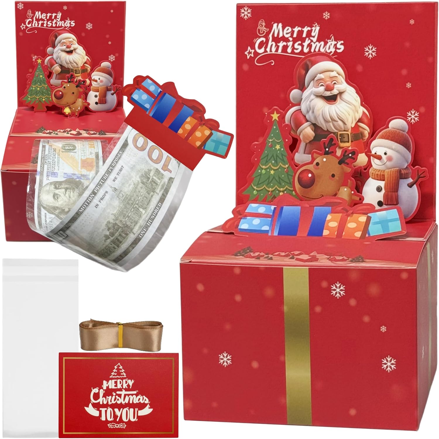JINSTABAG Christmas Money Box for Cash Gift Pull, 3D Money Pull Box with Card and Transparent Bags, Fun Christmas Party Gifts for Boys Girls Kids Adult (Red)