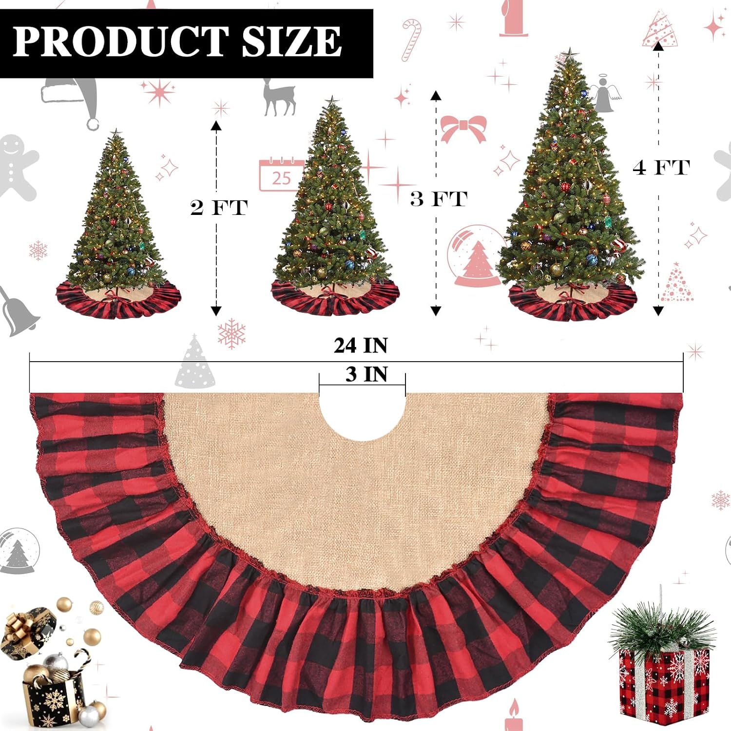 Mini Buffalo Plaid Burlap Tree Skirt with Red and Black Ruffle, 24 inch Small Red Black Gingham Chrismtas Tree Skirt, Rustic Farmhouse Christmas Tree Decorations for Tabletop Tree, Xmas Tree Mat