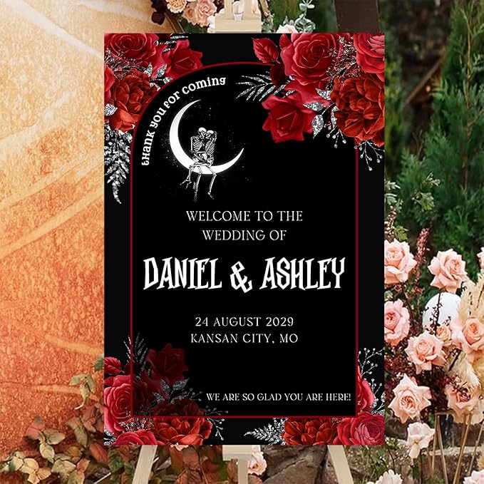 Gothic Halloween Welcome Sign, 4mm Thick Plastic, 12"x18", 28"x24", 18"x27", 24"x36", Black, Burgundy, Ground Stake, Wedding Sign