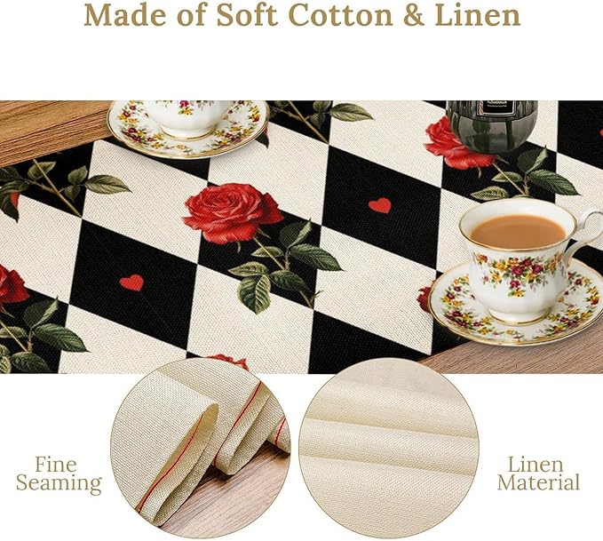 Vintage Rose Table Runner, Red Rose Hearts Black White Checkered Background Table Runner for Kitchen Dinning Table Runner Decor Home Wedding Party Holiday, 13x120 Inch