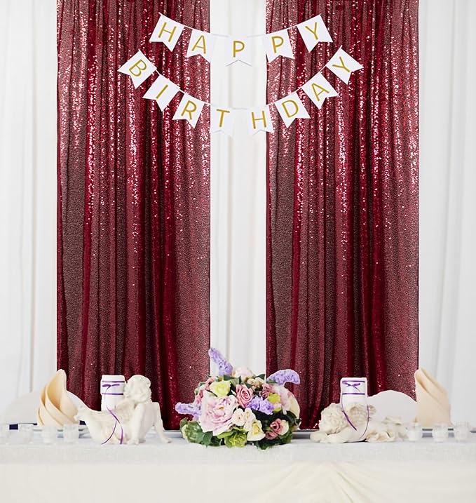 ShinyBeauty Sequin Curtains Panels Burgundy Backdrop Curtain 4 Pieces Photobooth Shimmer Background Glitter Fabric Maroon Christmas Backdrops Party Birthday Wedding Decor (2Ftx8Ft)