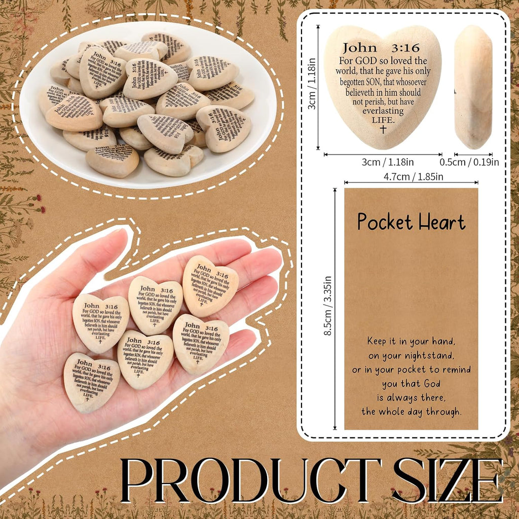 Leinuosen Christian Gifts John 3: 16 Pocket Hug Heart Token Wooden Bible Verses Token with Prayer Cards for Church Supplies(30 Set,Wood)