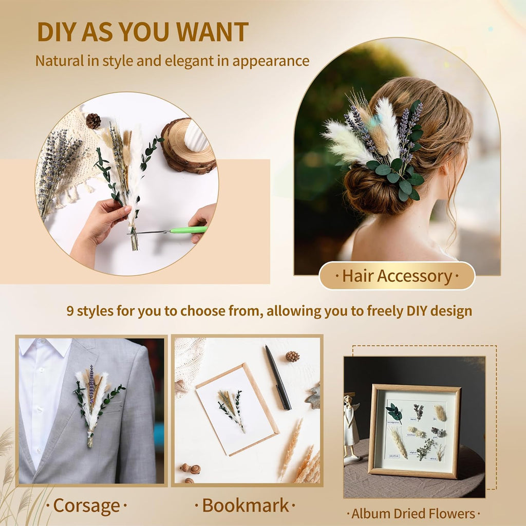 Bpole Dried Pampas Grass Bouquet - 92 Pcs 11-13 inch Pampas Grass Decor with Bunny Tails,Eucalyptus & Lavender Dried Boho Flowers for Vase Wedding Home Table Decor,Rustic Farmhouse Party