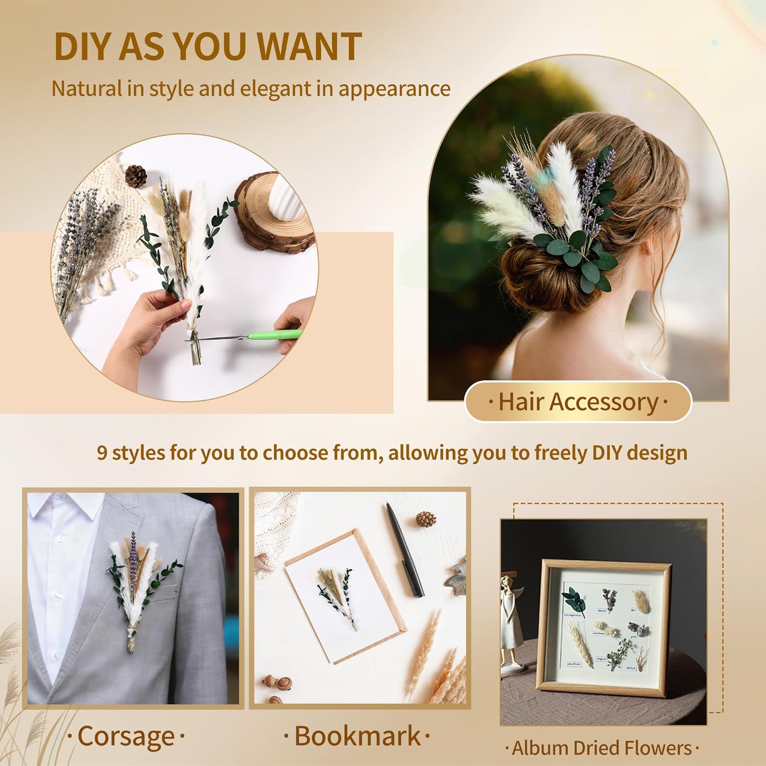Bpole Dried Pampas Grass Bouquet - 92 Pcs 11-13 inch Pampas Grass Decor with Bunny Tails,Eucalyptus & Lavender Dried Boho Flowers for Vase Wedding Home Table Decor,Rustic Farmhouse Party