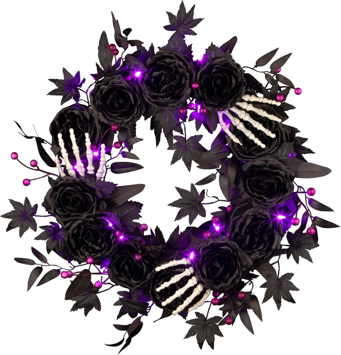 National Tree Company, 24inch Artificial Bad to The Bone Halloween Wreath, 30 Purple LED Lights,