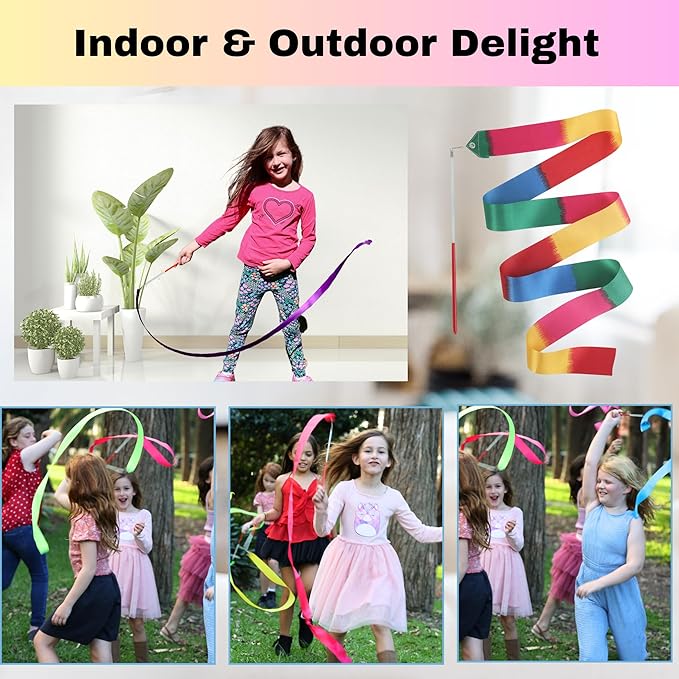 Dance Wands Ribbon Pack, Party Favors for Girls Goodie Bags, Outdoor Kids Rainbow Birthday Party Games, Gymnastics Gift Bags Steamers (multicolored ribbon with Red grip,10pcs set)
