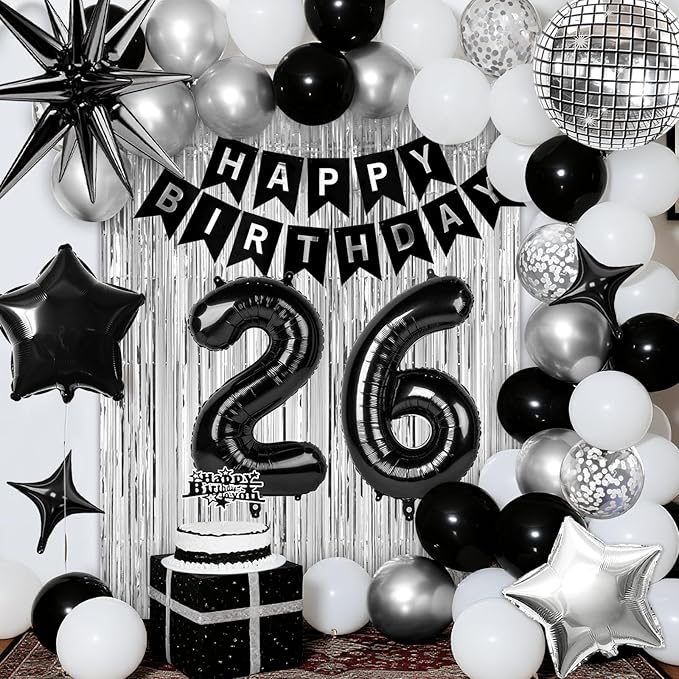 26th Birthday Decorations for Men Women, Black Silver Happy Birthday Party Decorations， 26 Year Old Party Supplies with Number 26 Balloons, Banner, Fringe Curtains Kit