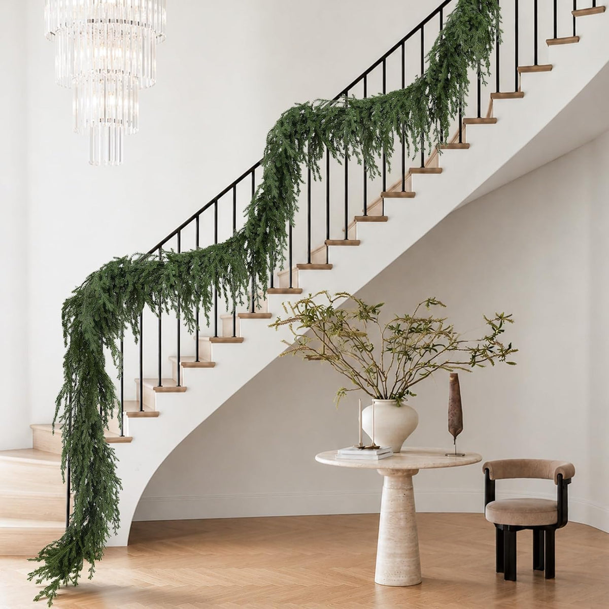upgraded 9ft christmas norfolk pine garland, real touch showing dimensions