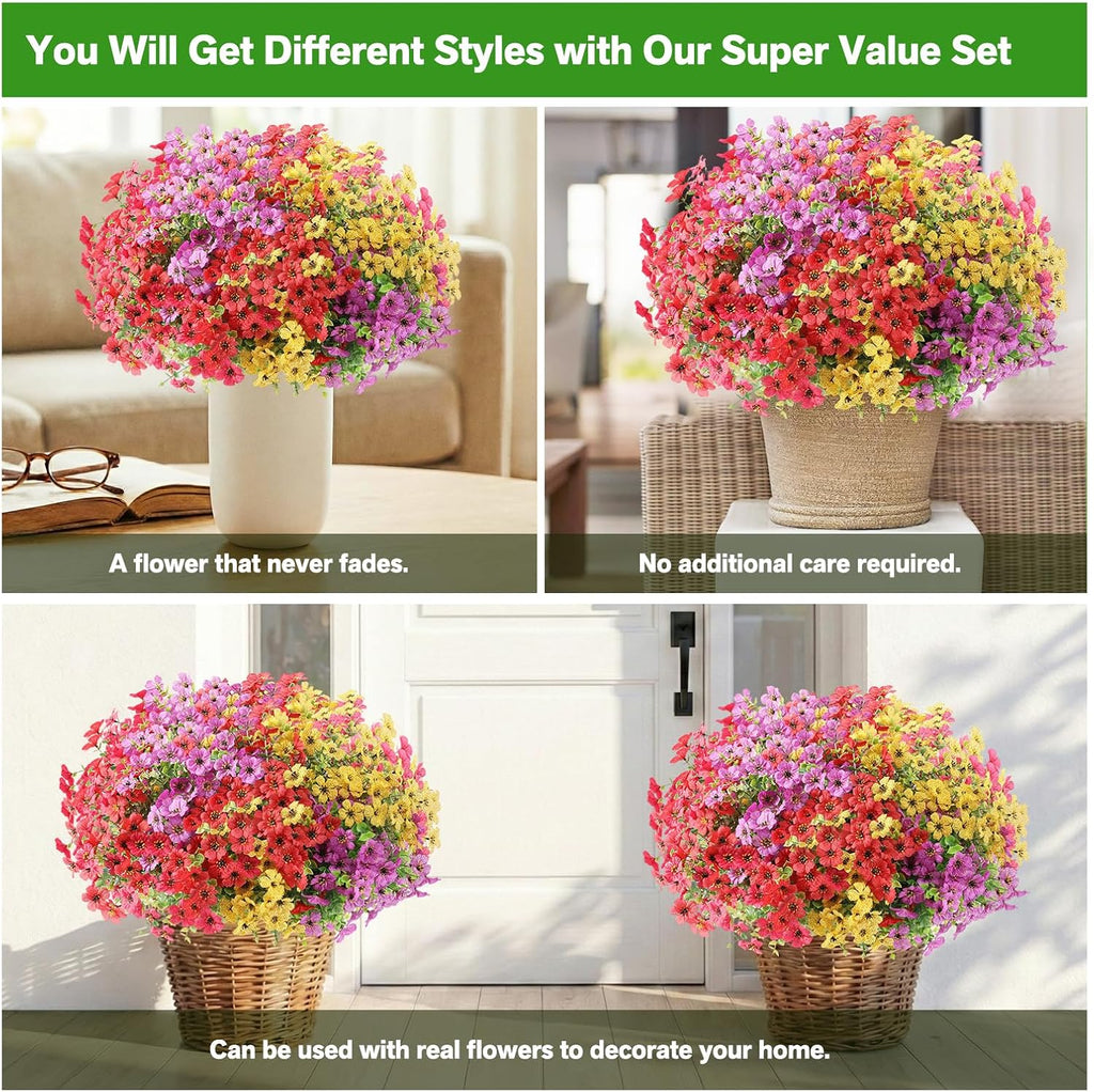 Artificial Flowers Fake Plants for Outdoors Summer Decoration, 13 Bundles Silk Realistic UV Resistant Faux Flowers for Outside Planter Porch Yard Patio Garden Home Indoor, Mix