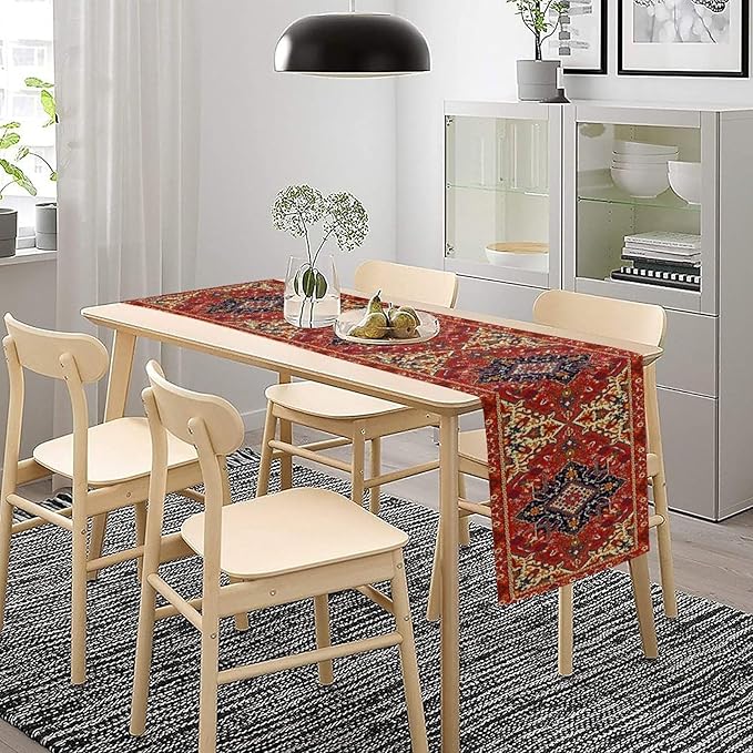 Boho Old French Table Runner, Vintage Red Beige Retro Flower Rustic Country Style Floral Print Pattern for Home Kitchen Table Decor Dining Coffee Room Garden Party Decor 13x108in