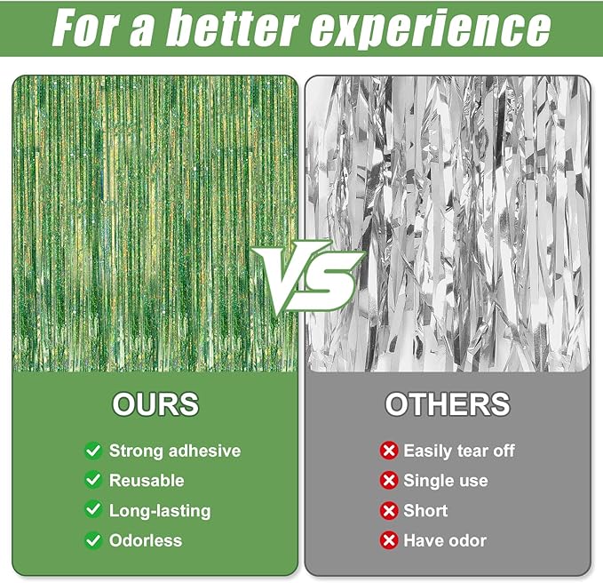 Crosize 2 Pack 3.3 x 9.9 ft Laser Green Foil Fringe Curtains Party Decorations, Laser Green Tinsel Curtain Backdrop for Parties, Door Streamers, Glitter Streamer Backdrop for Birthday Decoration