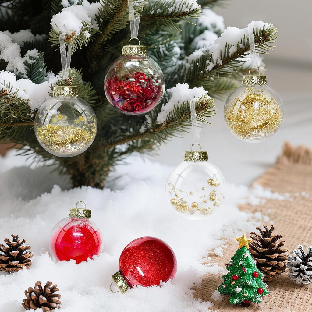 DeckTheHalls Christmas Ball Ornaments Set, 16-Piece Clear Xmas Decor for Crafts, Reusable DIY Festive Tree Decorations, Easy Hang Unbreakable Ornaments for Holiday, Party, Wedding (Red & Gold)