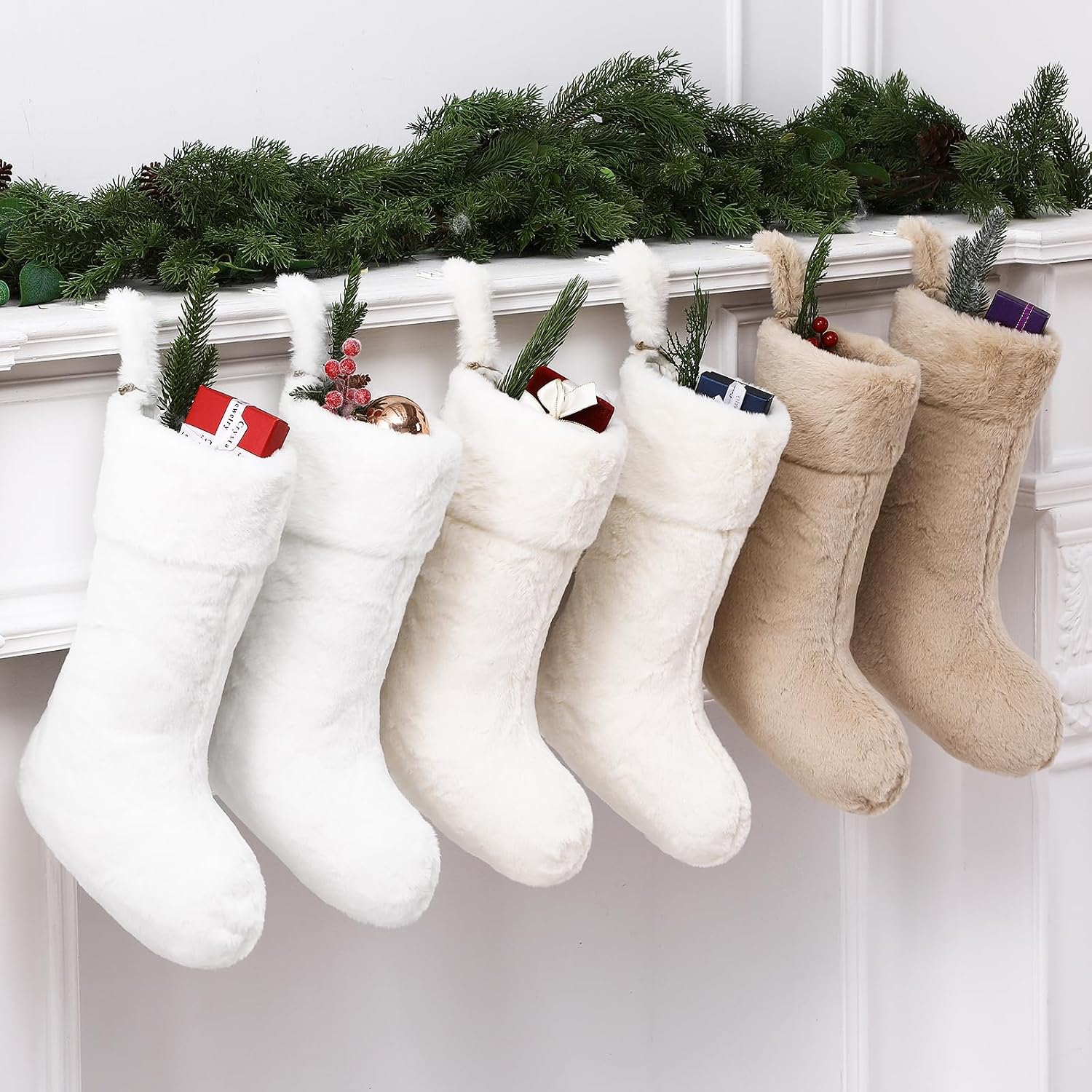 Shinymoon 6 Pcs 18 Inch Neutral Plush Faux Fur Christmas Stocking with Wooden Name Tags, Personalized Luxury Thick Fuzzy Xmas Stocking for Fireplace Mantel Stair Railings Holiday Party Decor