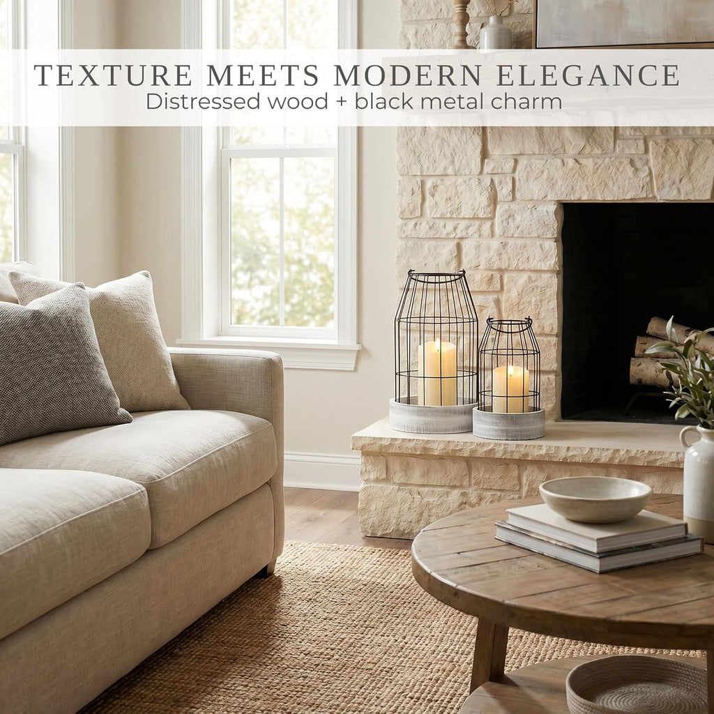 Rustic Farmhouse Lantern Decor Set of 2 - Stylish Decorative Lanterns for Your Living Room, Patio & Porch or Kitchen Dining Table - Modern Indoor/Outdoor Coffee Table Decor for Your Entire Home