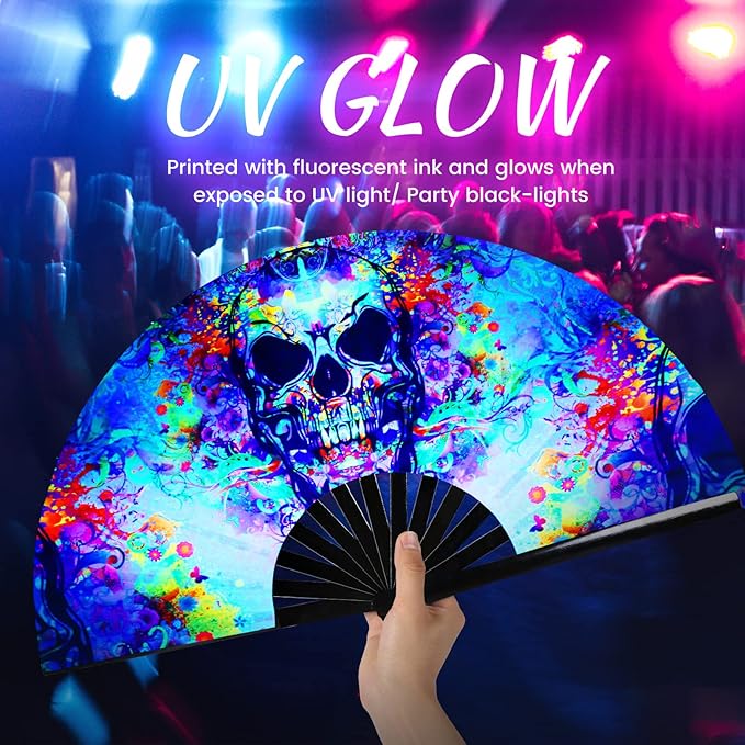 SYNTECSO Folding Hand Fan for Rave, UV Glow Fan, Large Bamboo Fan for Drag Queen, Women and Men Gift，Chinese Japanese Clack Fan for Parties, Music Festivals, EDM and Decoration