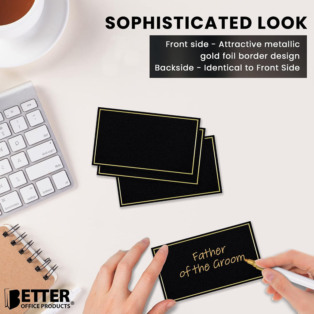 Better Office Products 100 Pack Gold Metallic Border Place Cards, 2 x 3.5 in, Folded Table Tent Cards for Weddings, Dinner Parties, Buffet Banquets,(Black)