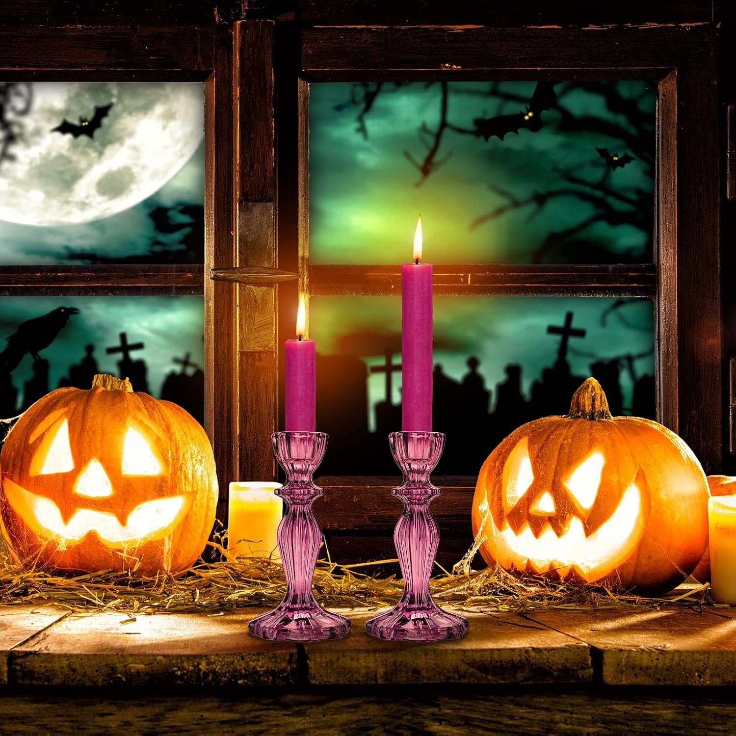 Glass Candle Holders, 2PCS Wide Base Candlestick Holder Decorative Candle Stand Table Centerpieces for Halloween Christmas Wedding Birthday Party, Dark Purple