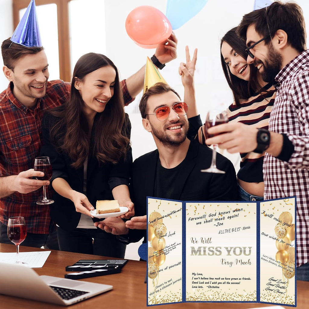 DARUNAXY Blue Gold Farewell Party Decorations, We Will Miss You Very Much Alternative Signature Guest Book for Men Women Going Away Gifts Signing Card Board for Retirement Graduation Party Supplies
