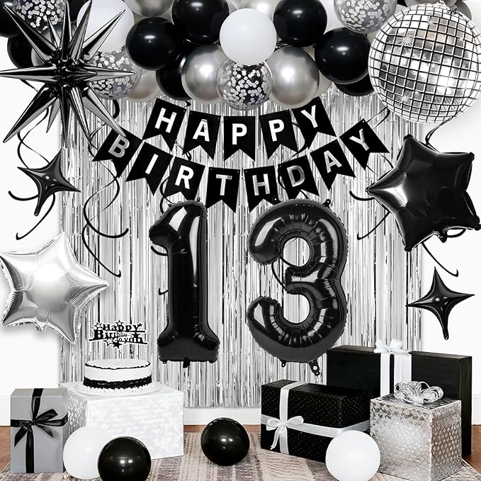 13th Birthday Decorations for Boys Girls, Black Silver Happy Birthday Party Decorations， 13 Year Old Party Supplies with Number 13 Balloons, Banner, Fringe Curtains Kit