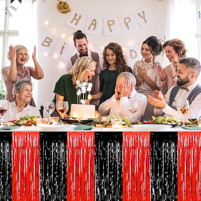 3 Pack 29 x108 Inch Black Red Foil Fringe Table Skirts Metallic Banner for Tinsel Streamer Garland Backdrop for Parade Floats Wedding Thanksgiving Birthday Christmas New Year Party Decoration