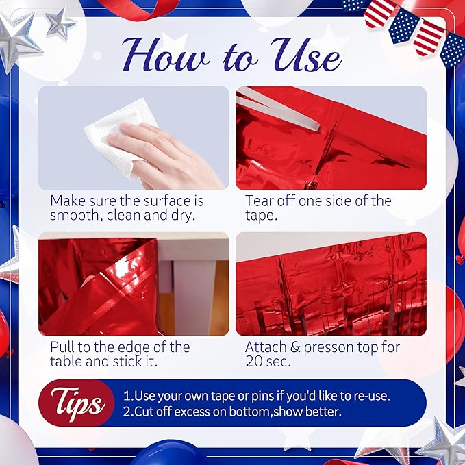 2 Pack Red&White&Blue Table Skirts, 29x108" Metallic Foil Tinsel Fringe Table Skirt for Rectangle Tables Streamer Curtains Backdrop, Party Decorations for Birthdays, Weddings, Holidays