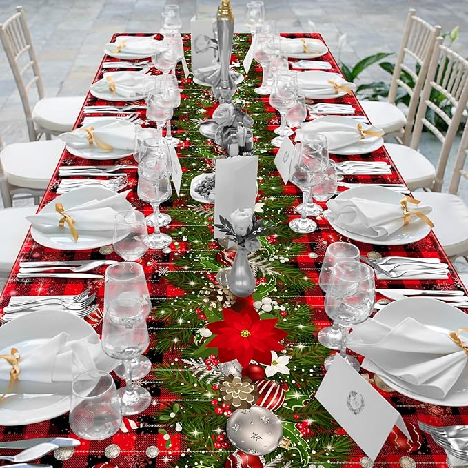 6Pcs Christmas Buffalo Plaid Snowflake Tablecloths,Plastic Red and Black Checkered Rectangle Christmas Tree Color Ball Table Cover for Winter Christmas New Year Holiday Party Decorations,54x108 inch