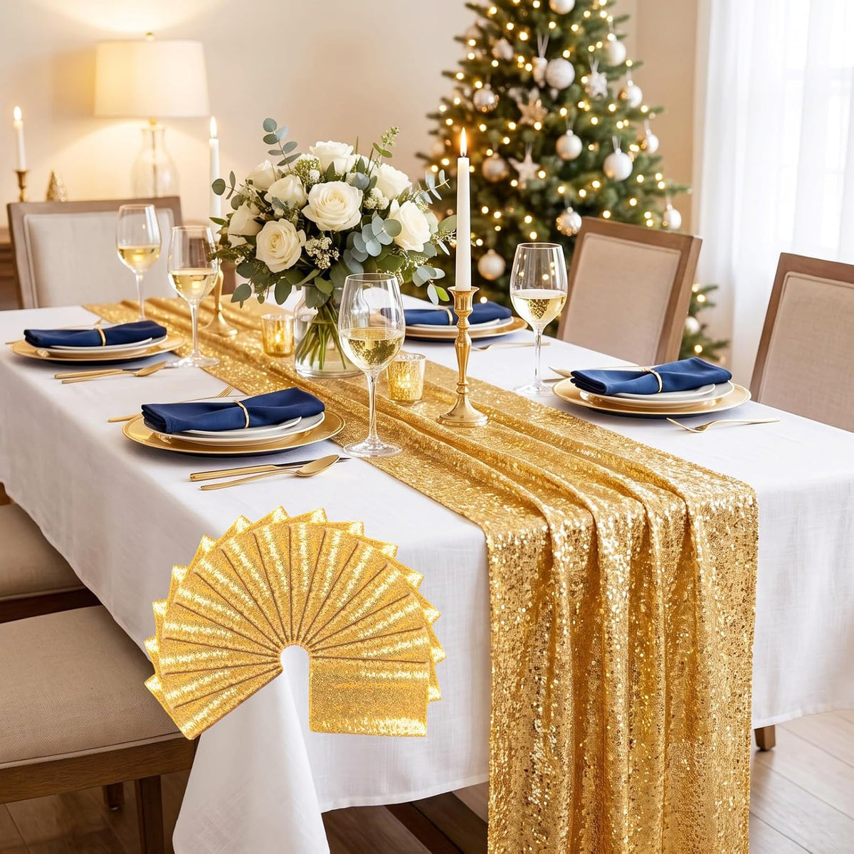 ShinyBeauty 15 Pack Gold Sequin Table Runner 12x108 Inches Wedding Party