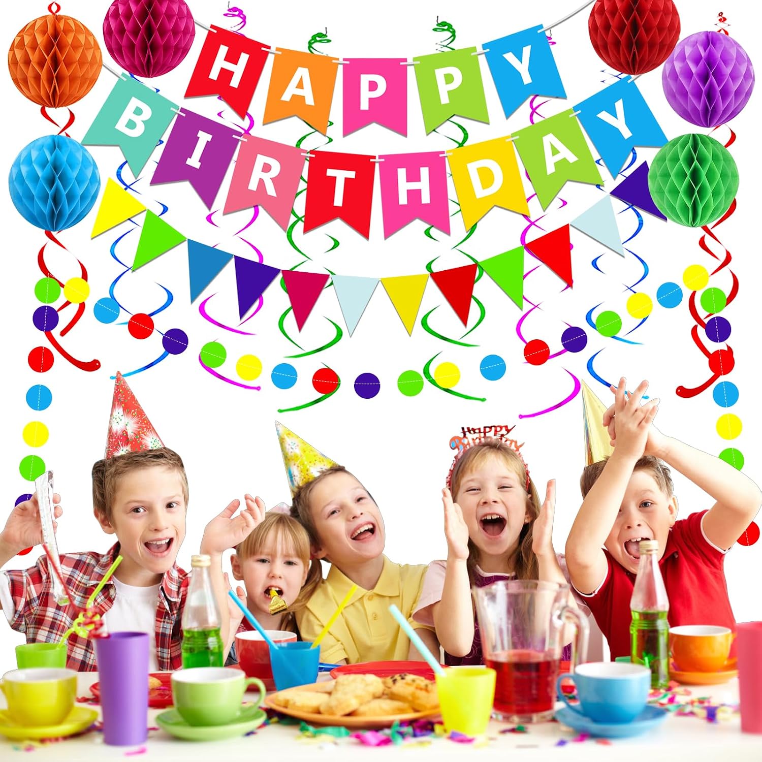 Fecedy Happy Birthday Banner With Colorful Paper Flag Bunting Paper Circle Confetti Garland Swirl Streamers Honeycomb ball for Birthday Party Decorations