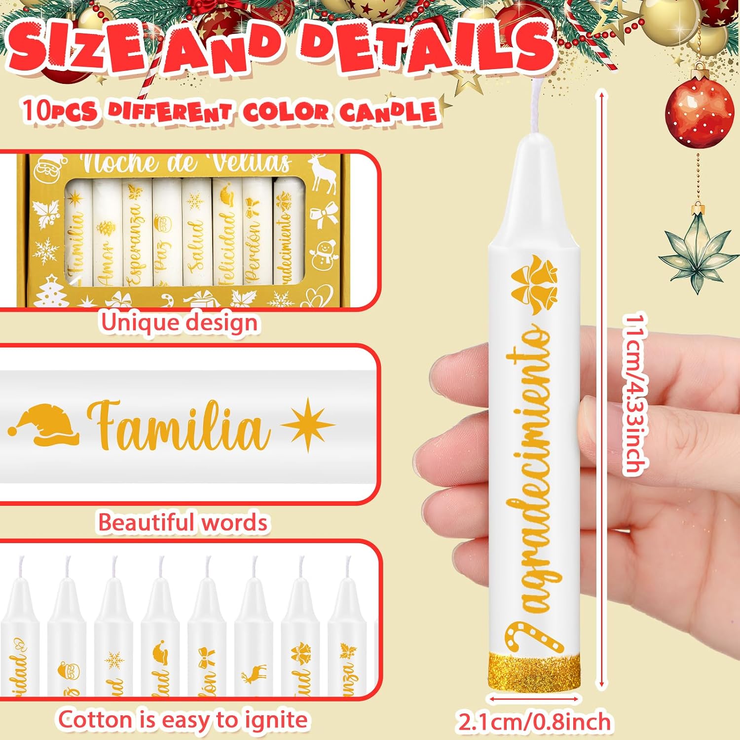 Conelist 10 Pcs Colombia Candle Night Supplies Spell Taper Candles Deseos Velitas para El 7 De Diciembre Velitas for Christmas Virgin Day Navidad para El Dia De La Virgen(Gold,4",Candle Night)