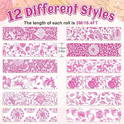Whaline 12 Rolls Pink Floral Washi Tape Chinoiserie Flower Decorative Masking Tape Set Vintage Wrapping Paper Tape for Scrapbook Journal DIY Art Crafts