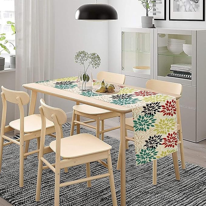 Abstract Red Dahlia Vintage Table Runner, Geometric Lines Mid Century Vintage Modern Colorful Table Runner for Party Kitchen Dining Living Room Laundry Room Decor, 13x36 Inch