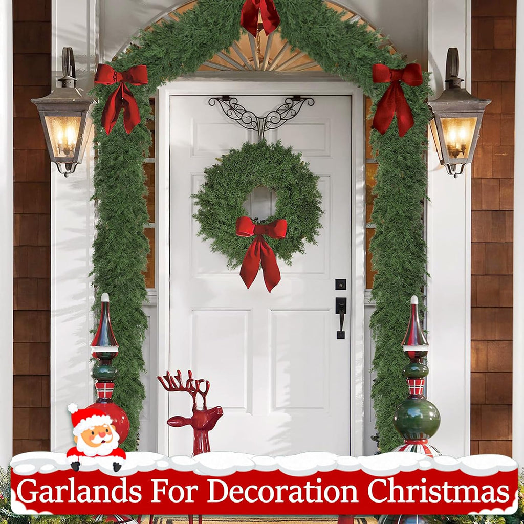 9ft christmas garland realistic fuller,natural droopy,bendable stairs railing, front angle view