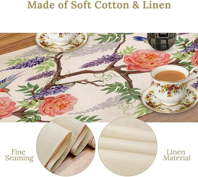 Vintage Bird Flower Table Runner Seasonal Spring Purple Wisteria Garden Plants Lavender Pink Florals Farmhouse Country Kitchen Dinner Runner Dining Table Decoration for Home Party Holiday 13"x90"