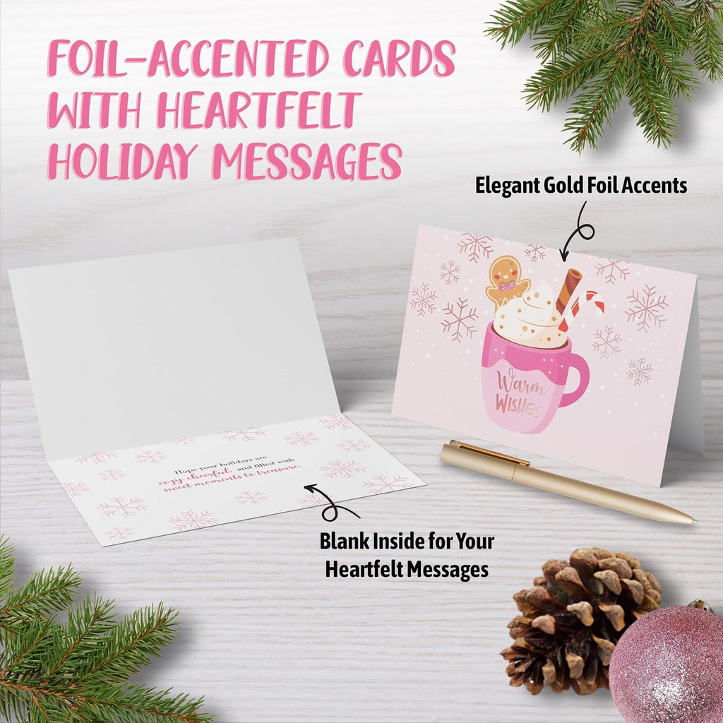 Decorably 24 Pack Foiled 6x4in Pink Christmas Cards with Envelopes and Stickers, 8 Elegant Holiday Designs Seasons Greetings for Family, Friends & Loved Ones with Printed Message, Gifting, Mailing