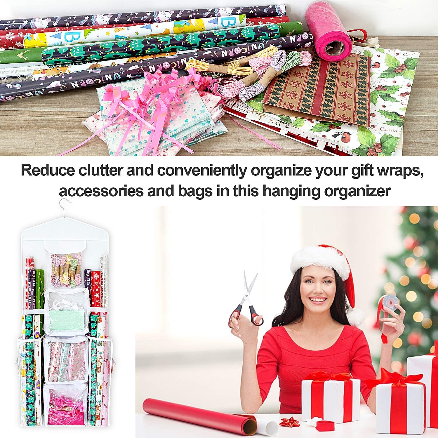 SumDirect Double-Sided Gift Wrap Organizer - White Hanging Wrapping Paper Gift Bag Storage Holder Pockets