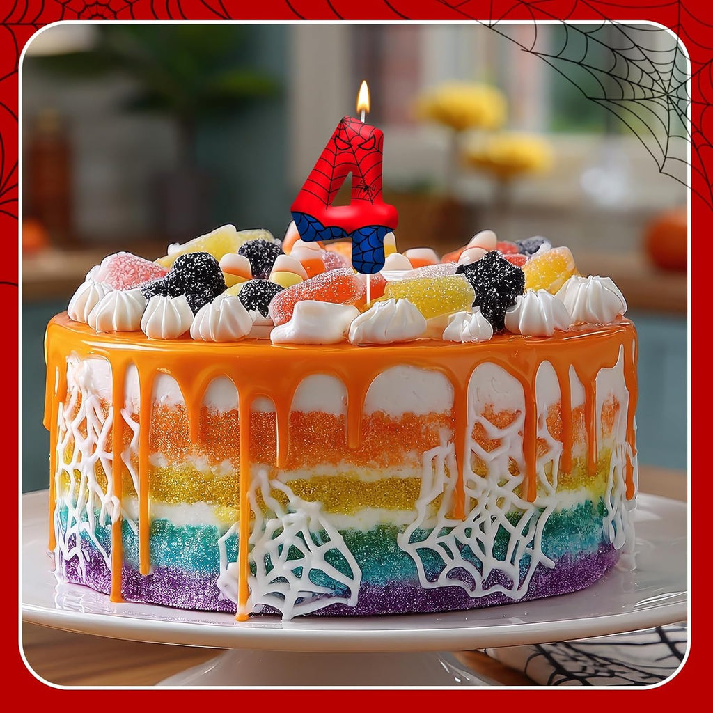 Spider Birthday Candles Number 4, Themed Cake Party Decoration | Red Blue Spider Web Number 4 Cake Candle Topper, Decor for Birthday Celebrations, Party Favors and Themed Gathering Supplies