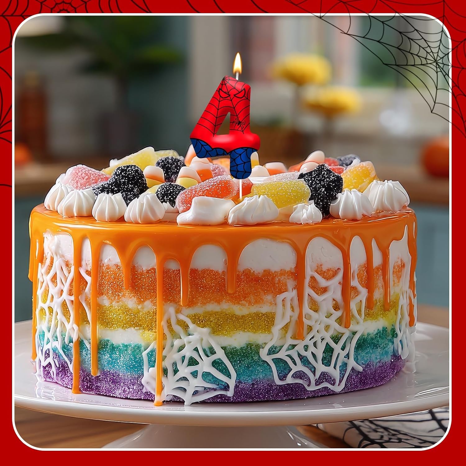 Spider Birthday Candles Number 4, Themed Cake Party Decoration | Red Blue Spider Web Number 4 Cake Candle Topper, Decor for Birthday Celebrations, Party Favors and Themed Gathering Supplies