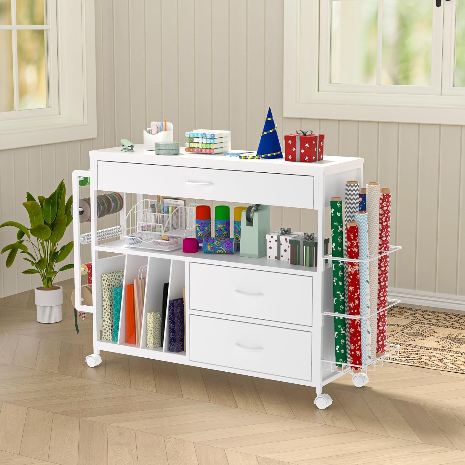 Wrapping Paper Storage & Organizer, Craft Cart with Ribbon & Gift Bag Storage, Wrapping Paper Organizer Holder(3 Wooden Drawers-White)