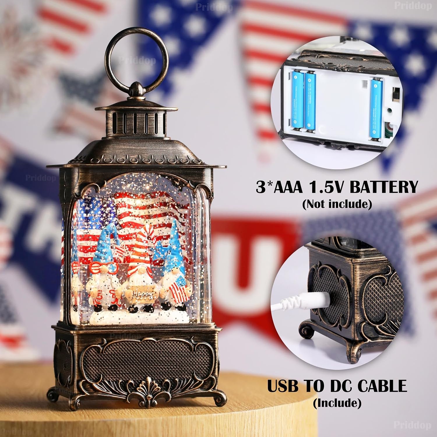 Priddop Gnome Snow Globe Lantern 4th of July Decorations with Timer, USB and Battery Powered 4th of July Shirts Patriotic Gnomes and American Flag Independence Day 10.2 inch