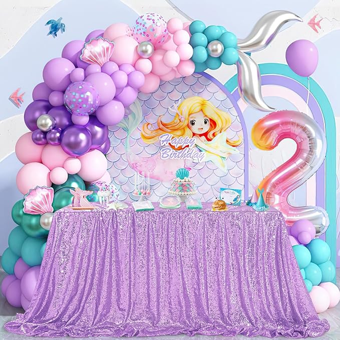 QueenDream Tablecloth 90x156 Rectangle Sequin Tablecloth Lavender Wedding Table Linens Glitter Birthday Bridal Party Indoor Outdoor Decorations