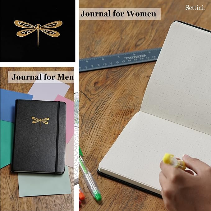 SETTINI Dotted Journal, Ideal for Bullet Journaling - A5 Vegan Leather Notebook, 192 Archival-Quality Pages, QuillEase Bleed-Free Paper, Inner Pocket & Bookmark - Dragonfly Gifts for Women & Men, Black Dragonfly