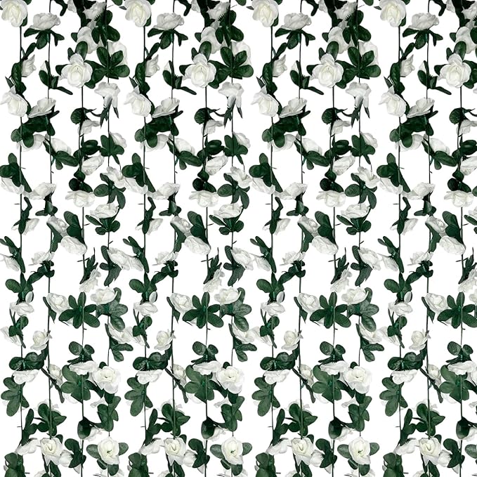 8Pcs 63Ft White Rose Garland, Fake Rose Hanging Flowers, Artificial Flower Vine, Hanging Floral Vine Garland for Wedding, Birthday Party, Wall Arch, Halloween, Christmas Garden Backdrop Decor