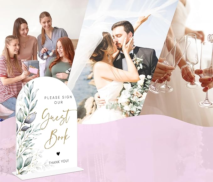 Acrylic Wedding Signs, Greenery Theme Please Sign Our Guestbook, Wedding Reception Signage, Bridal Shower Table Decor with Stand, Engagement, Anniversary, Newlywed Events and Parties Supplies, 19