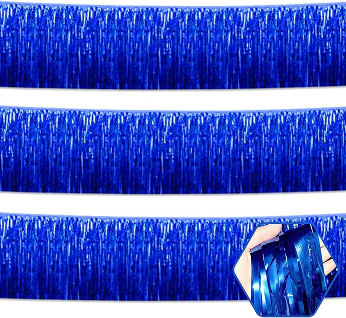 3 Pack 10 Long Blue Metallic Foil Fringe Garland Wall Hanging Tassle Banner, Mother's Day, Easter, Parade Floats, Birthday, Theme Party, Wedding Party Decorations