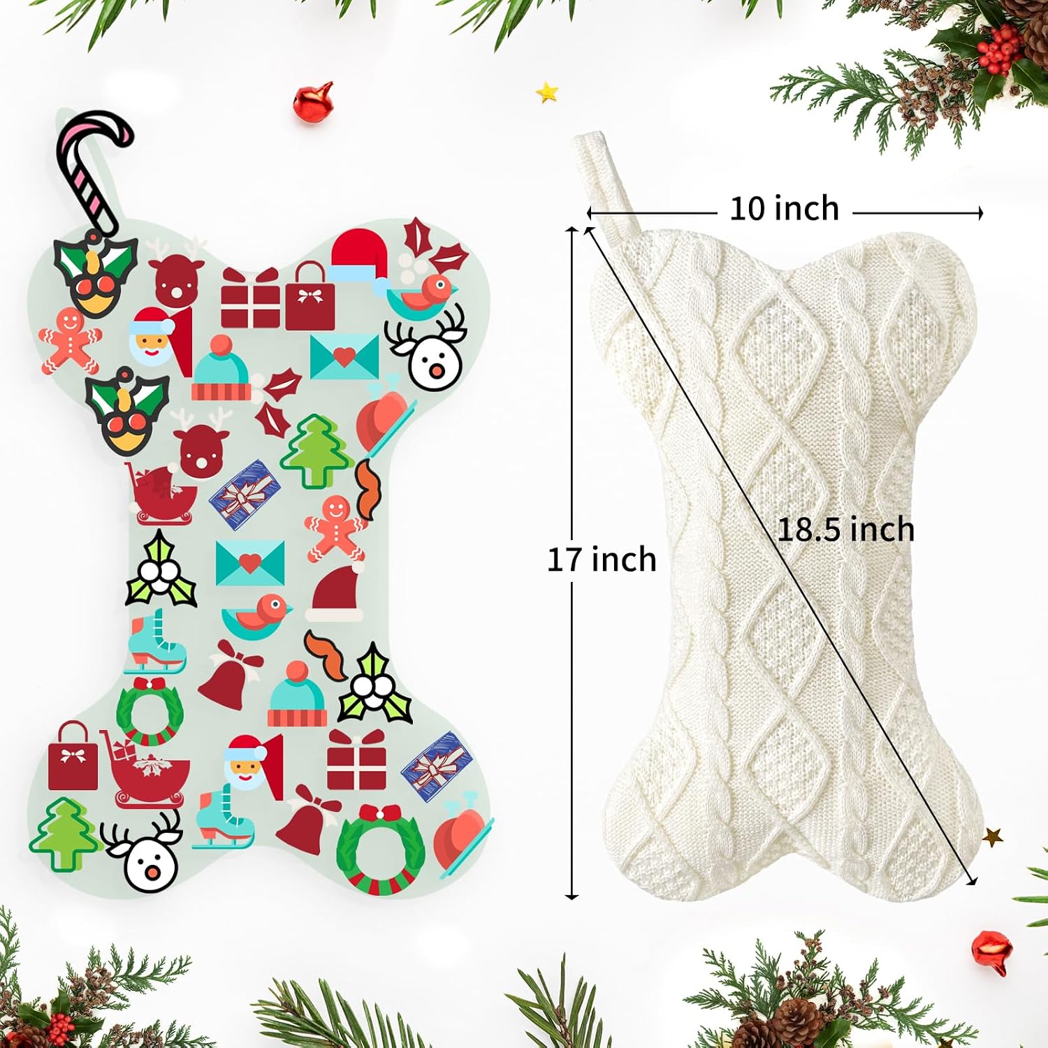 Dog Christmas Stocking,Knit Pet White Large Christmas Stocking,Dog Bone Christmas Stockings for Dogs Puppys Pets,Hanging Bone with Bow (Red)