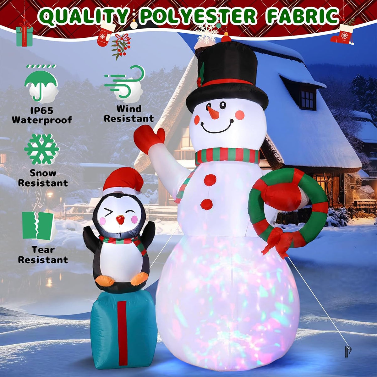 7ft christmas snowman inflatables decoration with led lights, side view