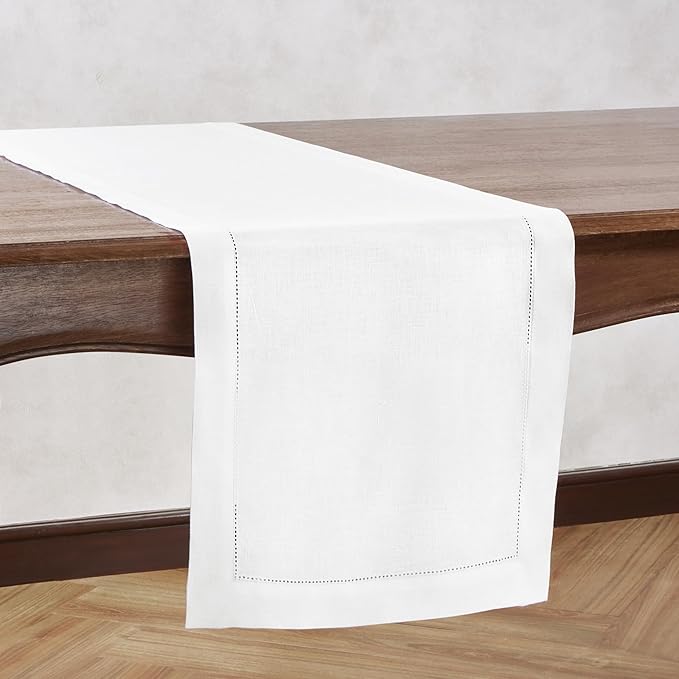 Linen Table Runner 14 x 120 Inch Long - 100% Pure Linen Christmas White Table Runner - Cloth Fabric Hemstitch Runner for Thanksgiving, Christmas, Winter, New Year - Elara