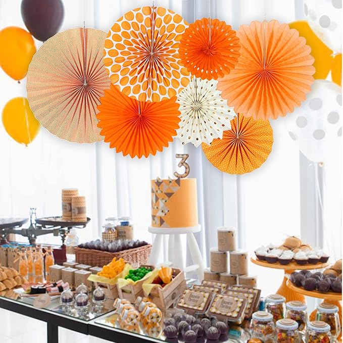 Easy Joy Paper Fans Party Decorations Orange Hanging Paper Fans Sunshine Party Decorations Birthday Wedding Home Classroom Party Hanging Decoration, Set of 7