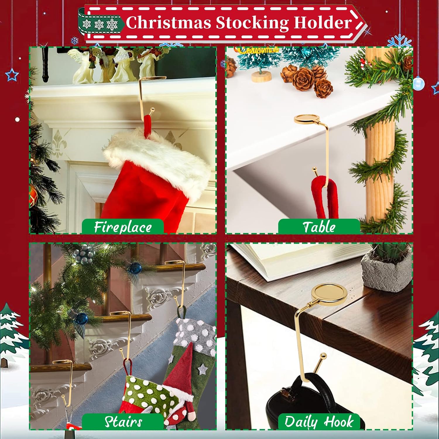 Christmas Mantle Stocking Holders Set of 6 - Upgrade Non-Slip Fireplace Hangers, Lightweight Metal Hooks for Christmas Party Decoration (Gold)