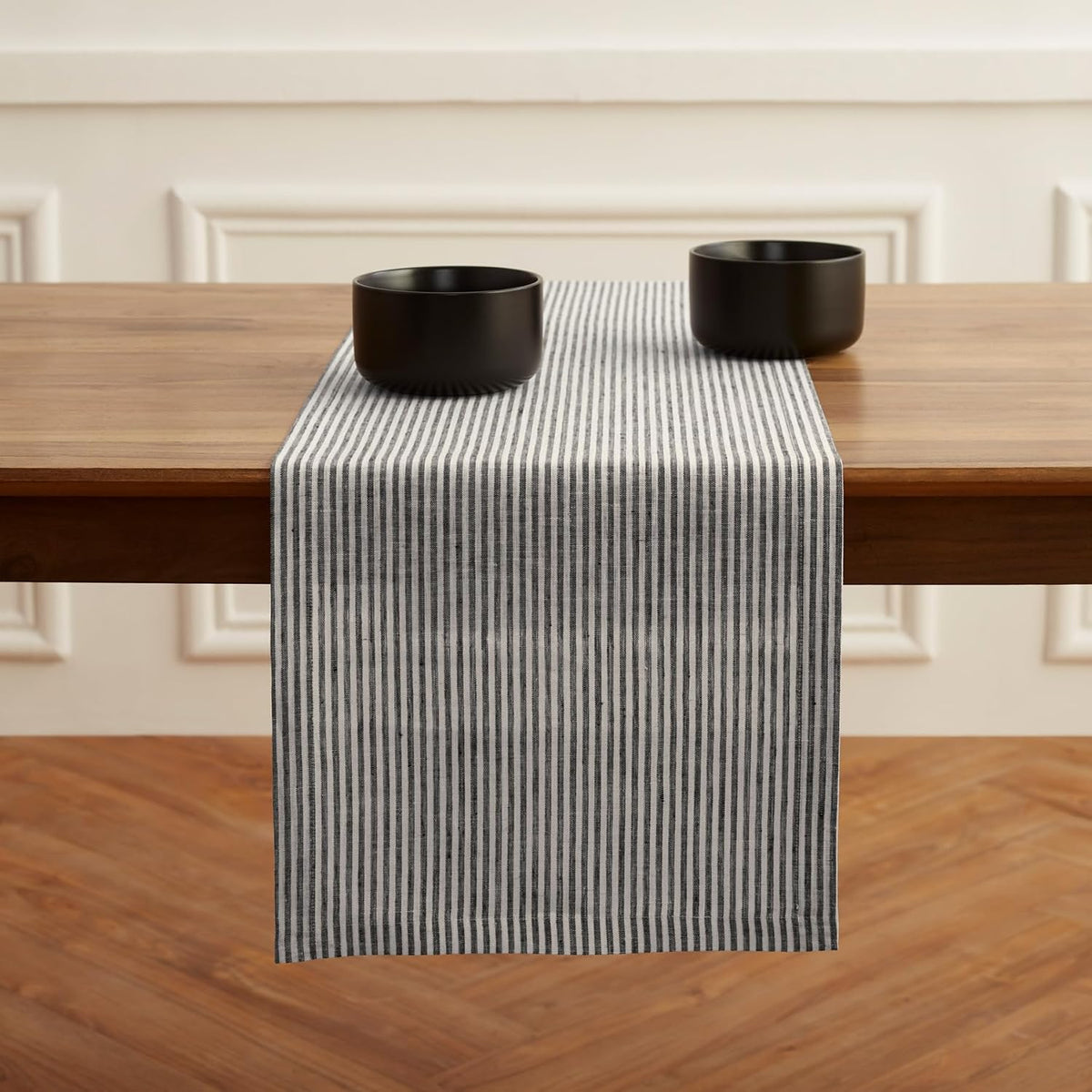 Solino Home 100% Pure Linen Table Runner, 14 x 108 in, Black, Narrow Stripe